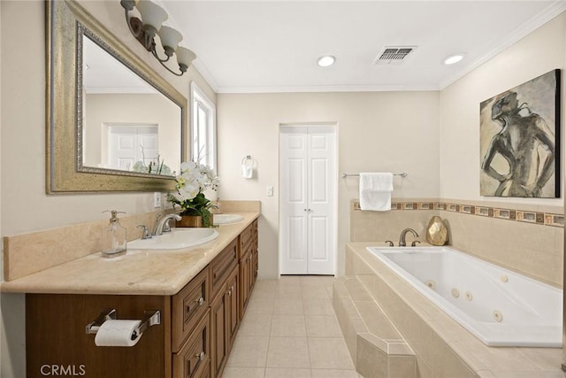 2700 Holly Ave, Arcadia, CA 91007 - bathroom featuring a tub with jets, a sink, double vanity, tile patterned flooring, and visible vents