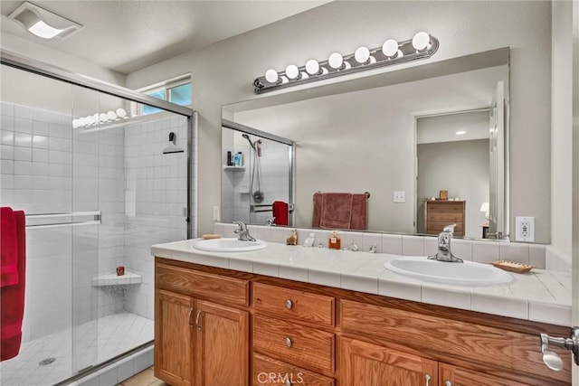 17126 Squirrelhill Rd, Hidden Valley Lake, CA 95467 - full bathroom featuring a shower stall, a sink, and double vanity