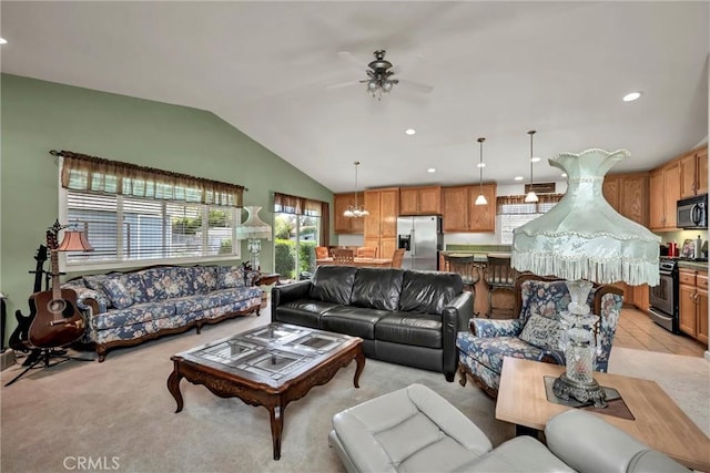 17126 Squirrelhill Rd, Hidden Valley Lake, CA 95467 - living room with recessed lighting, vaulted ceiling, a ceiling fan, and light carpet