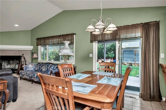 17126 Squirrelhill Rd, Hidden Valley Lake, CA 95467 - dining room featuring lofted ceiling, visible vents, and an inviting chandelier