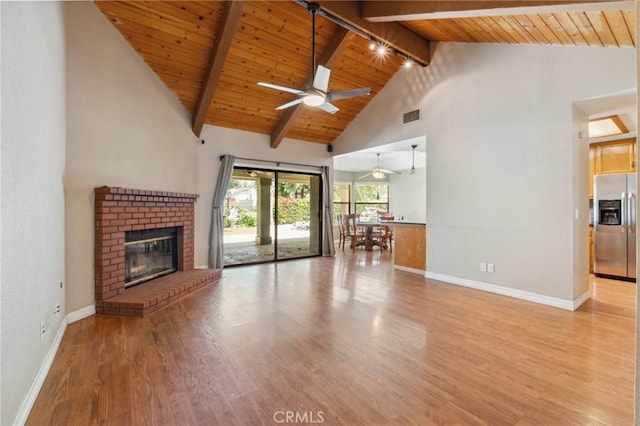 689 E Pintail Cir, Fresno, CA 93730 - unfurnished living room featuring beam ceiling, light wood-type flooring, visible vents, a ceiling fan, and wood ceiling