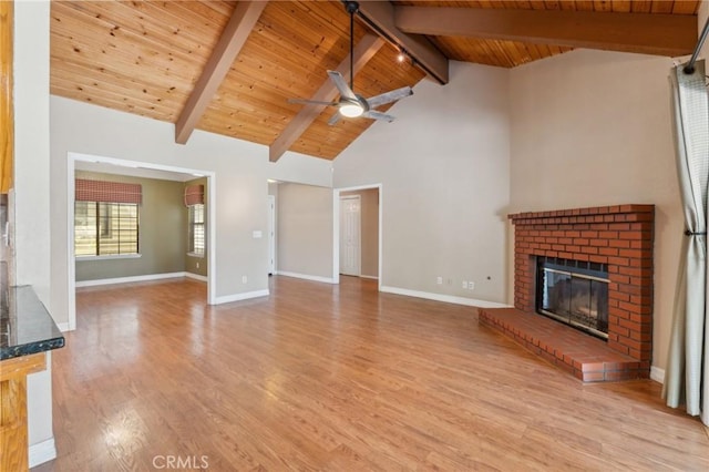 689 E Pintail Cir, Fresno, CA 93730 - unfurnished living room with light wood-style flooring, a fireplace, beamed ceiling, ceiling fan, and wooden ceiling