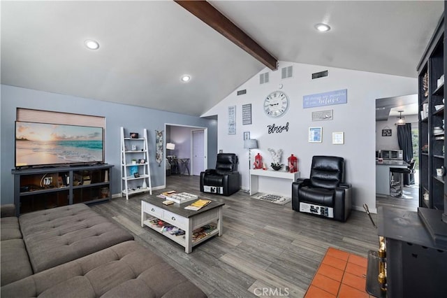 living area featuring wood finished floors, vaulted ceiling with beams, baseboards, visible vents, and recessed lighting