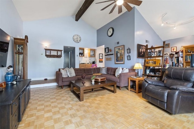 1675 Bridget Ave, Simi Valley, CA 93065 - living room with high vaulted ceiling, ceiling fan, baseboards, and beamed ceiling