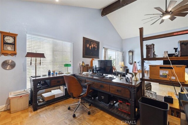 1675 Bridget Ave, Simi Valley, CA 93065 - office space with a ceiling fan, beamed ceiling, and high vaulted ceiling