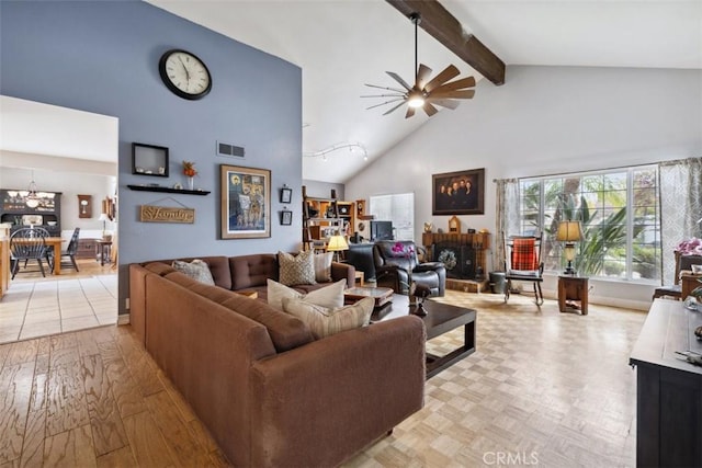 1675 Bridget Ave, Simi Valley, CA 93065 - living room featuring high vaulted ceiling, a ceiling fan, beamed ceiling, a chandelier, and a fireplace