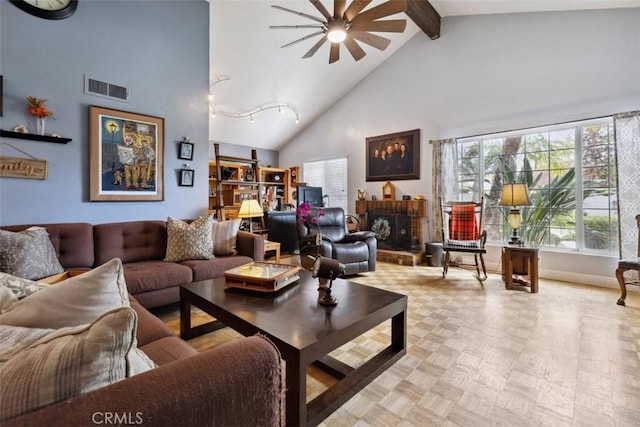 1675 Bridget Ave, Simi Valley, CA 93065 - living room with high vaulted ceiling, a ceiling fan, beamed ceiling, baseboards, and a brick fireplace
