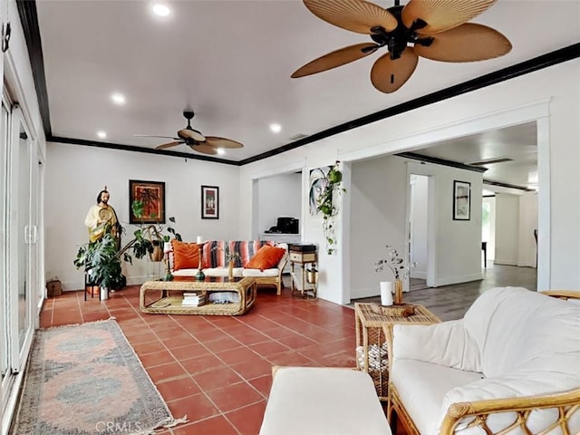 tiled living room with recessed lighting, crown molding, baseboards, and ceiling fan