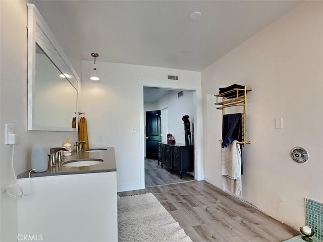 bathroom with wood finished floors, a wood stove, visible vents, a sink, and baseboards