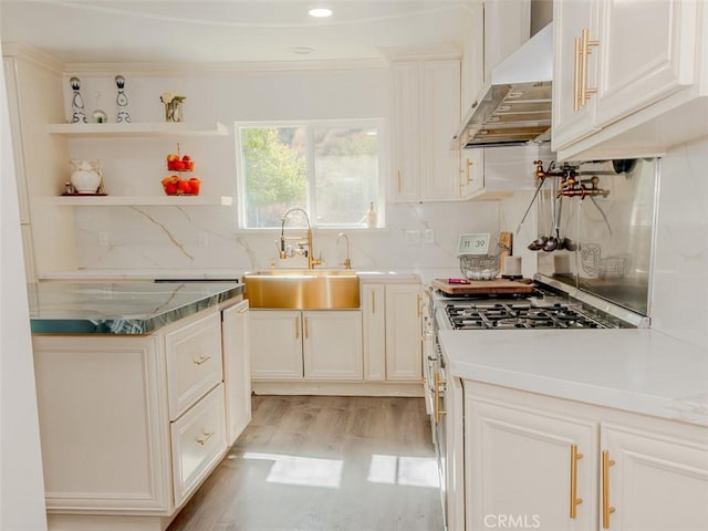 kitchen with a sink, light wood-style floors, decorative backsplash, exhaust hood, and stainless steel gas range oven