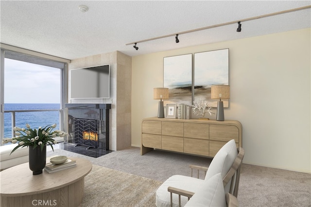 615 Esplanade Unit 302, Redondo Beach, CA 90277 - carpeted living area featuring a fireplace with flush hearth, rail lighting, and a textured ceiling