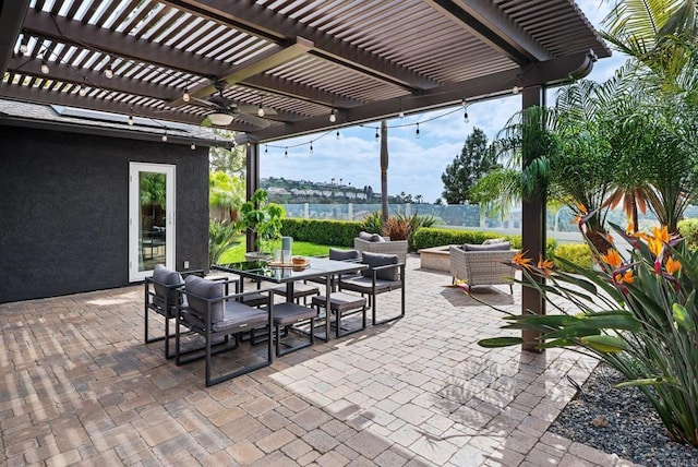 6770 Amberly St, San Diego, CA 92120 - view of patio with outdoor lounge area, a pergola, and outdoor dining space