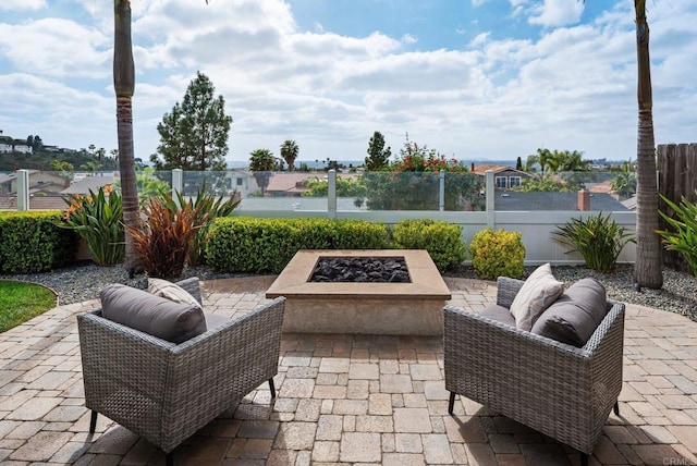 6770 Amberly St, San Diego, CA 92120 - view of patio featuring an outdoor living space with a fire pit