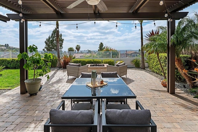 6770 Amberly St, San Diego, CA 92120 - fenced backyard with a pergola, a patio area, and a ceiling fan