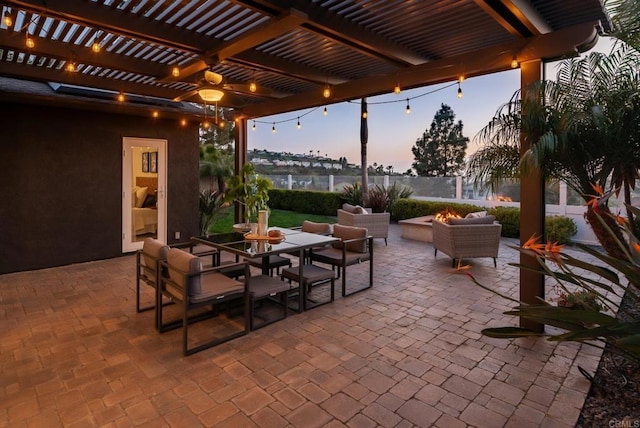 6770 Amberly St, San Diego, CA 92120 - view of patio with an outdoor living space with a fire pit, a pergola, and outdoor dining space