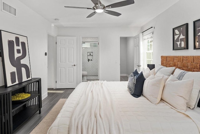 6770 Amberly St, San Diego, CA 92120 - bedroom featuring wood finished floors, baseboards, connected bathroom, and a ceiling fan