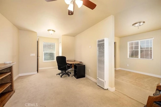 2103 Price St, San Luis Obispo, CA 93401 - home office with baseboards, carpet flooring, a ceiling fan, and a heating unit
