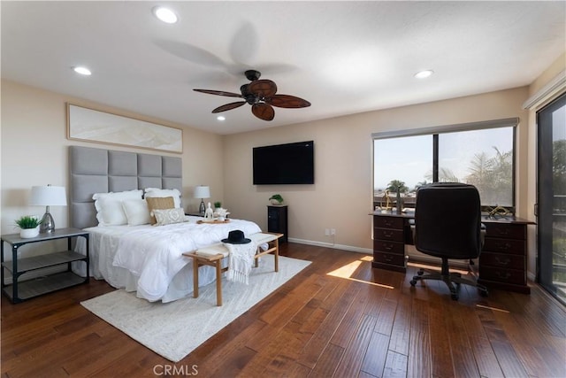 2270 Stanley Ave Unit 2B, Signal Hill, CA 90755 - bedroom featuring dark wood-style floors, baseboards, an office area, recessed lighting, and ceiling fan