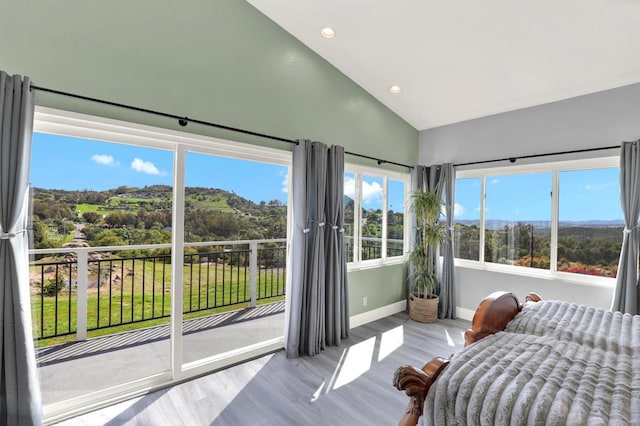 4710 Sleeping Indian Rd, Fallbrook, CA 92028 - bedroom featuring high vaulted ceiling, baseboards, access to exterior, a mountain view, and recessed lighting