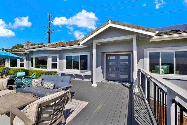 4710 Sleeping Indian Rd, Fallbrook, CA 92028 - wooden terrace featuring an outdoor living space and french doors