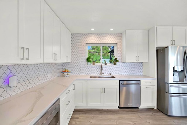 4710 Sleeping Indian Rd, Fallbrook, CA 92028 - kitchen featuring white cabinets, stainless steel appliances, a sink, and backsplash