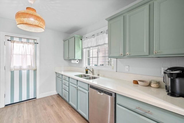 376163 Swift Ave, San Diego, CA 92104 - kitchen with stainless steel dishwasher, a sink, light countertops, light wood-style flooring, and baseboards