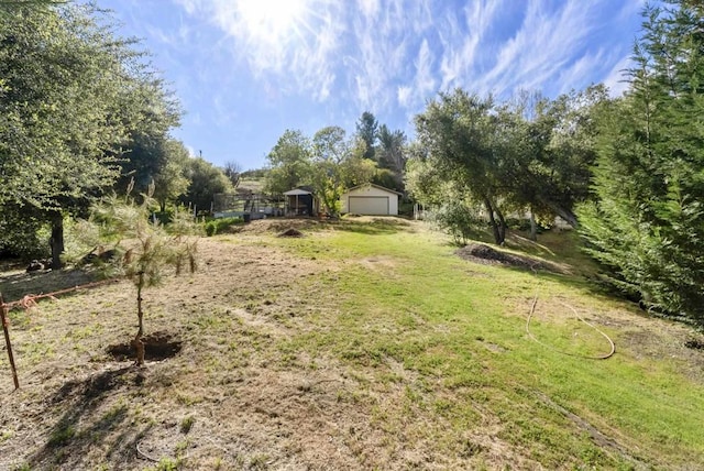 view of yard with a garage and an outdoor structure