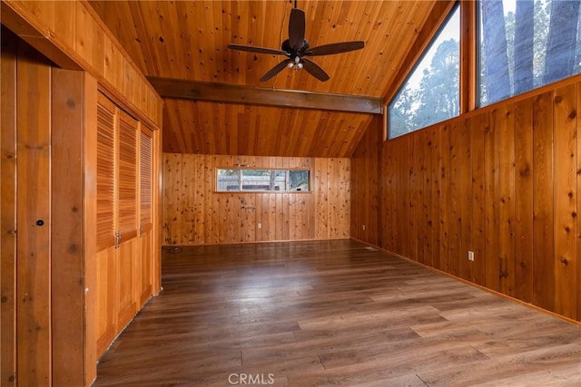 spare room featuring wood ceiling, wood walls, a ceiling fan, and wood finished floors