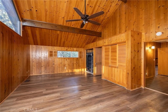 unfurnished living room featuring wood finished floors, ceiling fan, wooden ceiling, wood walls, and beam ceiling