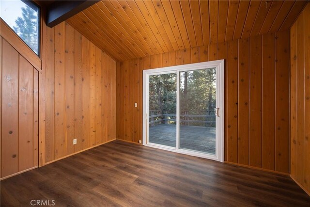 unfurnished room with vaulted ceiling, wood walls, wood ceiling, and dark wood-style flooring