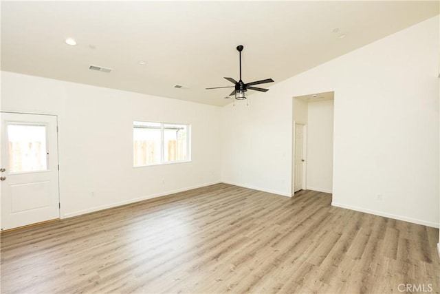 empty room featuring baseboards, visible vents, recessed lighting, wood finished floors, and ceiling fan