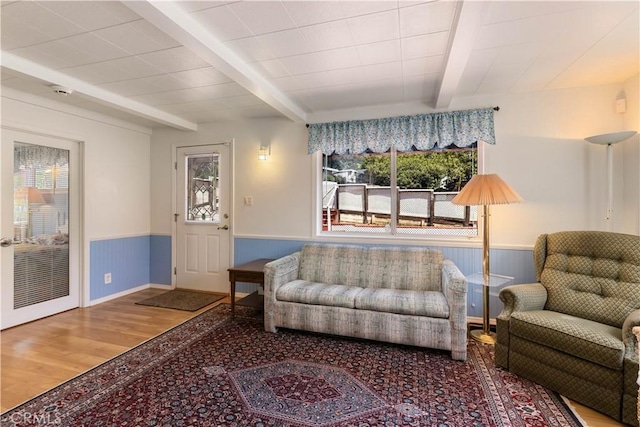 living room with wood finished floors, a wainscoted wall, beam ceiling, and plenty of natural light