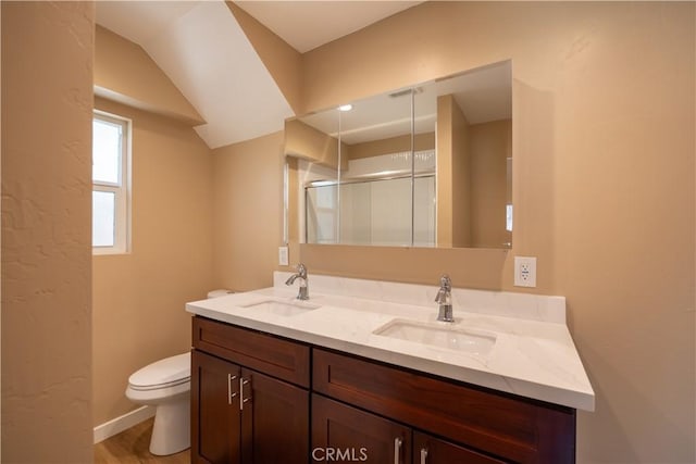 bathroom featuring double vanity, a shower stall, toilet, and a sink
