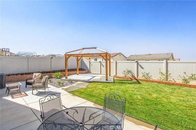 view of patio / terrace featuring a fenced backyard, outdoor dining area, and a gazebo