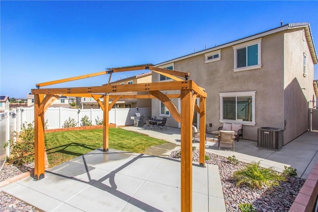 view of patio / terrace with a fenced backyard, central AC unit, a pergola, and a grill