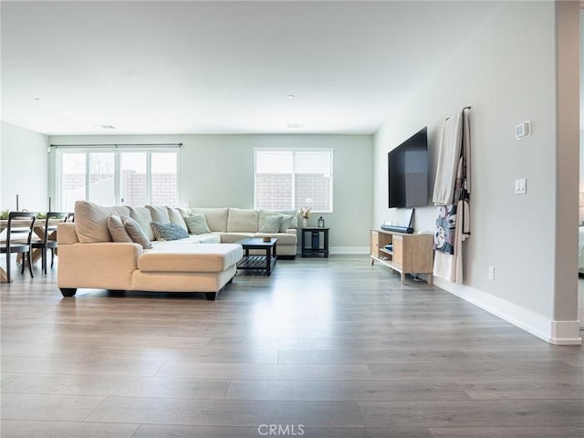 living room with baseboards and wood finished floors