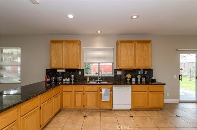 kitchen featuring tasteful backsplash, dishwasher, plenty of natural light, and a sink