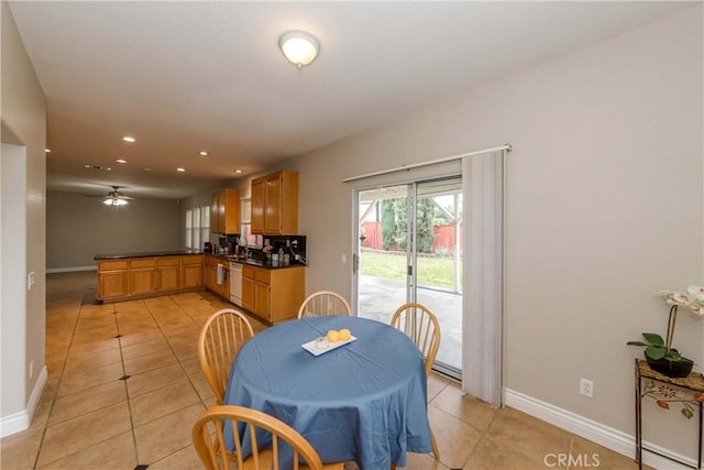 dining area with recessed lighting, baseboards, a ceiling fan, and light tile patterned floors