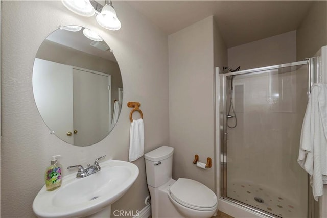 full bathroom with toilet, a stall shower, and a sink