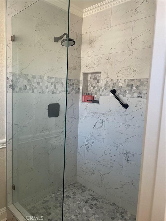 22191 Apache Dr, Lake Forest, CA 92630 - bathroom featuring ornamental molding and a shower stall
