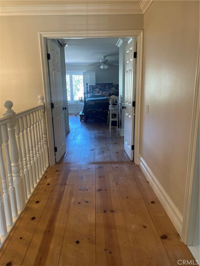 22191 Apache Dr, Lake Forest, CA 92630 - hall with ornamental molding, an upstairs landing, and hardwood / wood-style flooring