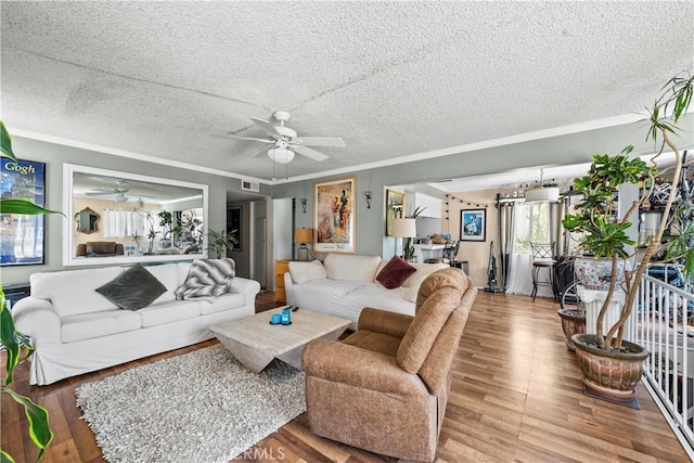 13 Lighthouse Street 13 & 15, Marina Del Rey, CA 90292 - living area featuring a ceiling fan, crown molding, wood finished floors, and a textured ceiling