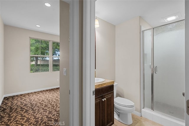 21 Deergrass, Irvine, CA 92618 - bathroom with a stall shower, toilet, vanity, baseboards, and recessed lighting