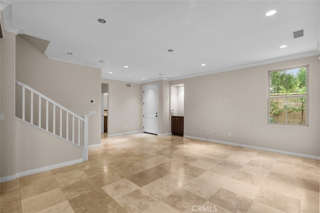 21 Deergrass, Irvine, CA 92618 - spare room featuring recessed lighting, stairway, crown molding, and baseboards