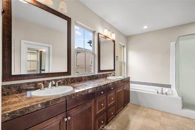 21 Deergrass, Irvine, CA 92618 - full bath with double vanity, a bath, and tile patterned flooring