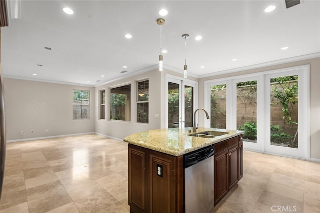 21 Deergrass, Irvine, CA 92618 - kitchen featuring stainless steel dishwasher, a sink, crown molding, baseboards, and light stone counters