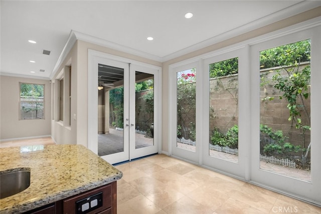 21 Deergrass, Irvine, CA 92618 - doorway to outside with french doors, recessed lighting, and ornamental molding