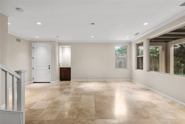 21 Deergrass, Irvine, CA 92618 - spare room featuring baseboards, crown molding, recessed lighting, and stairway