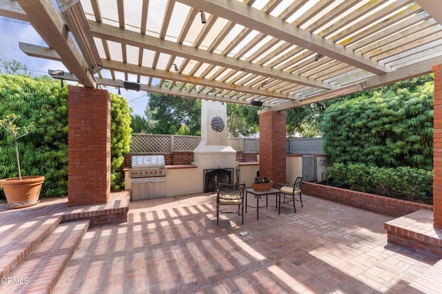 view of patio / terrace featuring exterior kitchen, outdoor dining area, a pergola, fence, and a grill