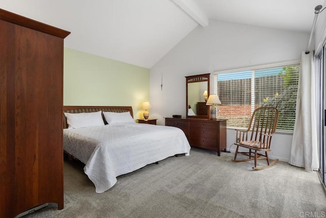 carpeted bedroom featuring high vaulted ceiling, beam ceiling, and baseboards